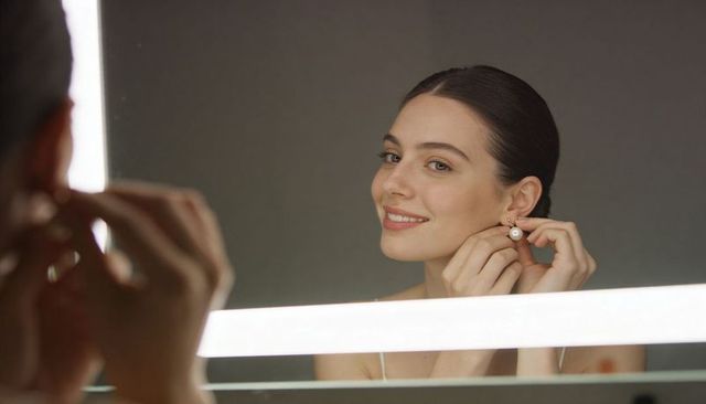 Smiling woman adjusting pearl earring at illuminated vanity mirror with led lighting