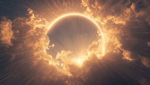 Eclipsed sun glowing with radiant corona casting golden cloud beams