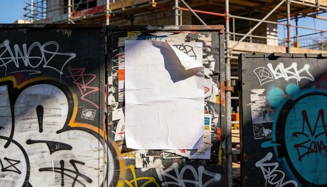 Blank poster peeling on graffiti-covered construction hoarding with scaffolding and rust