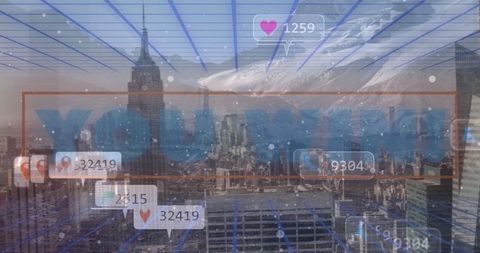 Blended Urban Cityscape with Social Media Icons Overlaying Sky - Download Free Stock Images Pikwizard.com