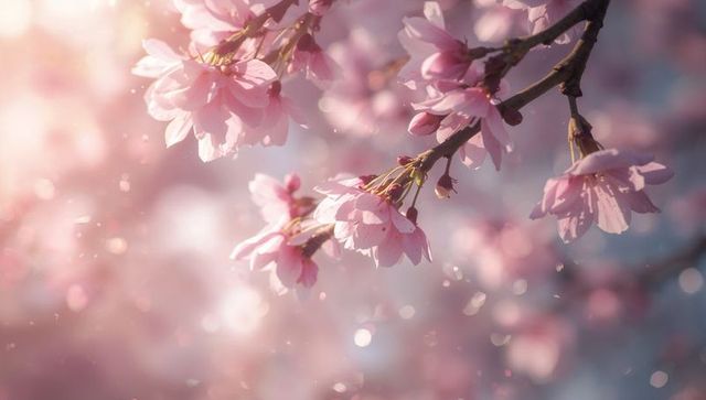 Sunlit pink cherry blossom branch blooming with falling petals in soft pastel bokeh