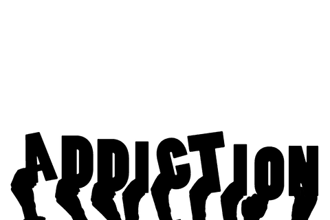 Conceptual hand with addiction message on transparent background