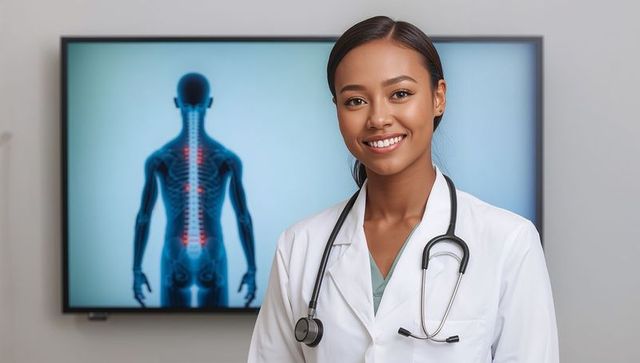 Smiling female doctor presenting spinal imaging on monitor with stethoscope and white coat