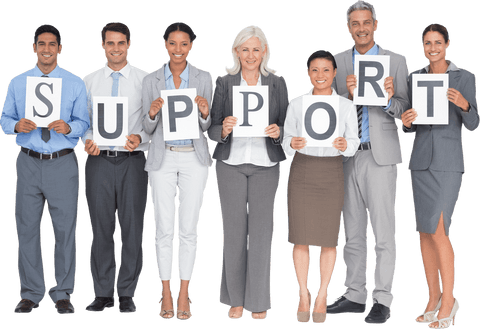 Diverse business team holding transparent support sign indoors