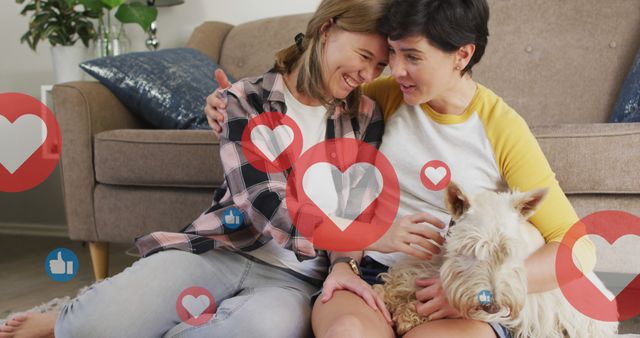 This image shows a same-sex couple sitting close together on the floor with their dog while love and like icons from social media surround them. They appear happy and close, creating a feeling of togetherness. This image can be used for LGBTQ+ community support materials, social media campaigns, articles on same-sex relationships, or promoting home and family inclusivity.