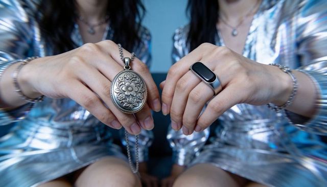 Models wearing matching silver dresses holding ornate locket and chunky ring