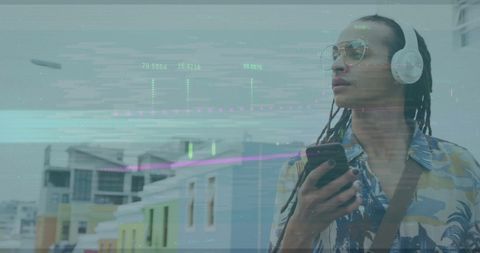 Man with Smartphone and Headphones Analyzing Digital Financial Data