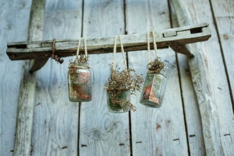 Vintage jars with dried flowers hanging indoors