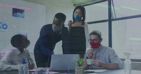 Diverse Team Collaborating with Data Overlay and Face Masks
