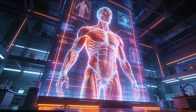 Projecting holographic human anatomy in futuristic biotech research lab neon interface