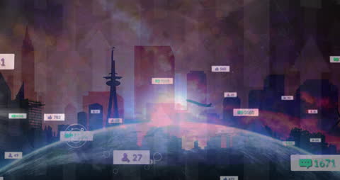 Digital Media Icons Over Futuristic Cityscape Animation