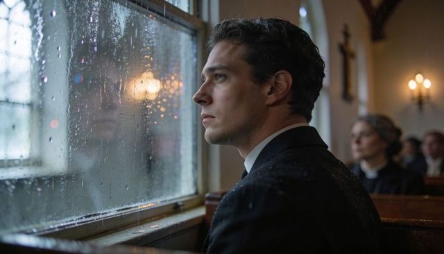 Man wearing clerical collar gazing out rainy chapel window during solemn church service