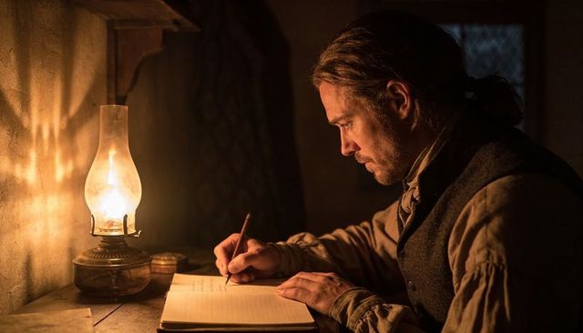 Man writing by oil lamp in rustic period room, vintage lantern glow and study ambience