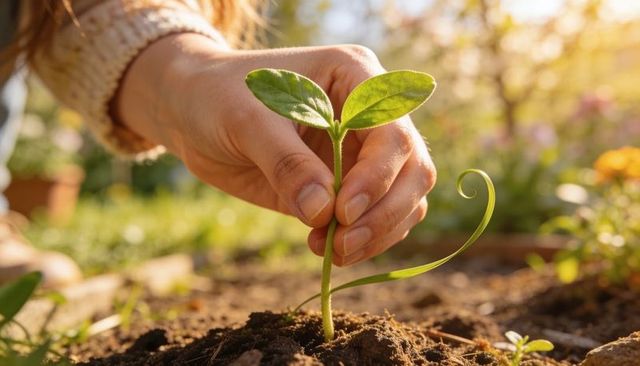 Hand nurturing young seedling in sunlit garden soil, closeup growth concept