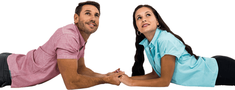Transparent couple holding hands laying face to face