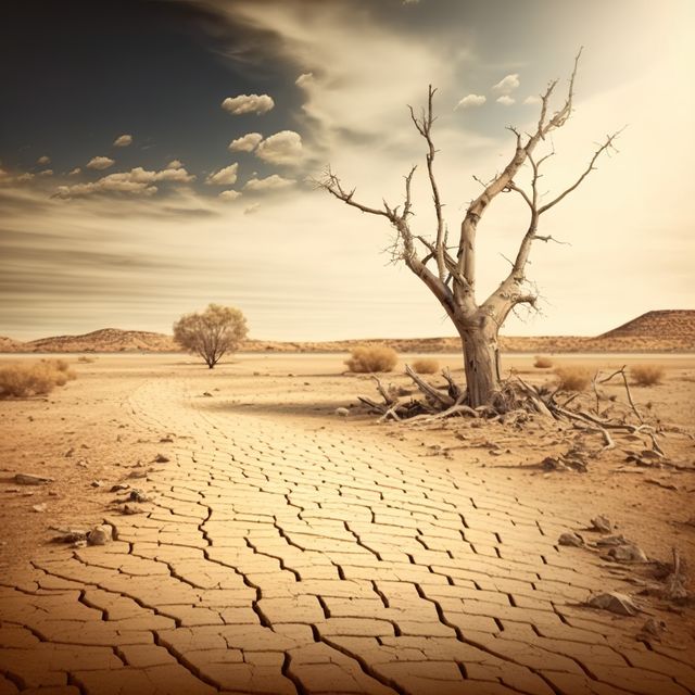 Dried cracked earth exemplifies extreme drought and climate change effects. Lonely tree symbolizes resilience and survival in harsh environments. Ideal for illustrating environmental topics, ecological studies, and focusing on nature challenges, making clear evidence of global warming and its impact on desertification.