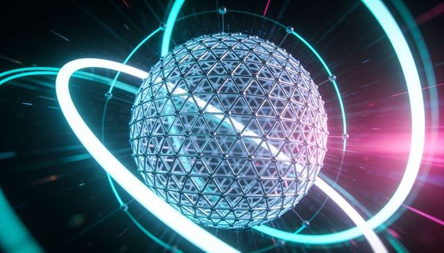 Rotating reflective geodesic sphere emitting neon cyan and magenta orbital rings