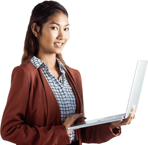 Smiling Asian Businesswoman Using Laptop on Transparent Background