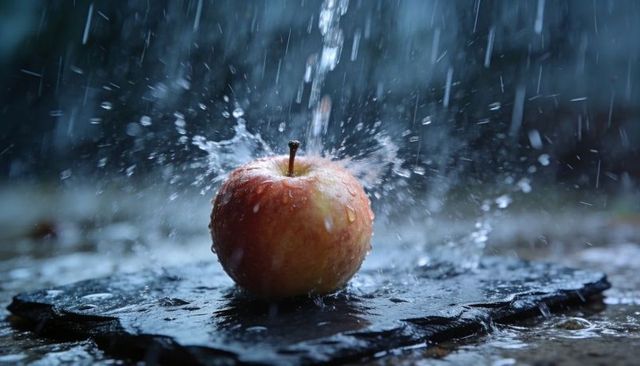 Glistening red-yellow apple splashing in rain on wet dark slab macro still life