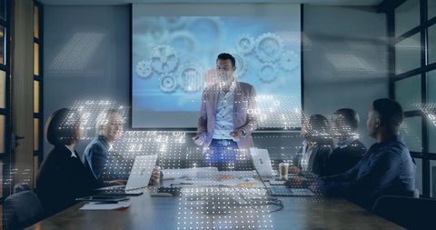 Digital Presentation in Modern Office with Binary Code Overlay - Download Free Stock Images Pikwizard.com
