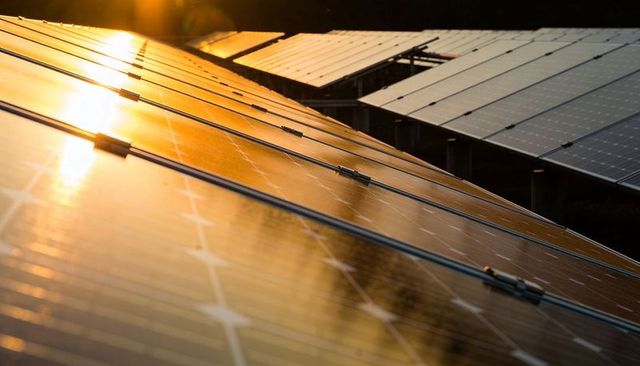 Glinting photovoltaic panels stretching across solar farm at golden hour, reflective lines