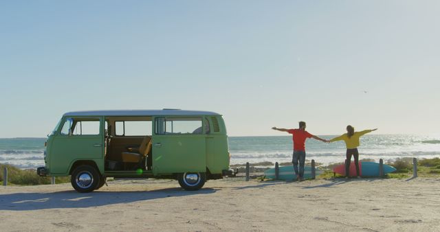 Couple Enjoying Scenic Beach View with Vintage Van - Download Free Stock Images Pikwizard.com