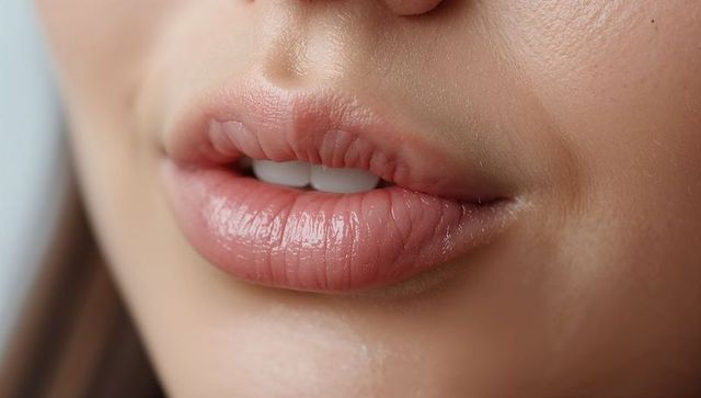Glossy natural lips close-up showing smooth skin pores, visible teeth and beauty mark