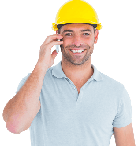 smiling handyman in hard hat having phone conversation on transparent background - Download Free Stock Videos Pikwizard.com