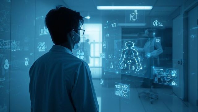 Doctor examining holographic human anatomy display in futuristic hospital corridor