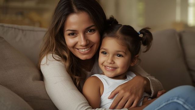 Mother and Daughter Sharing Warm Hugs in Cozy Living Room