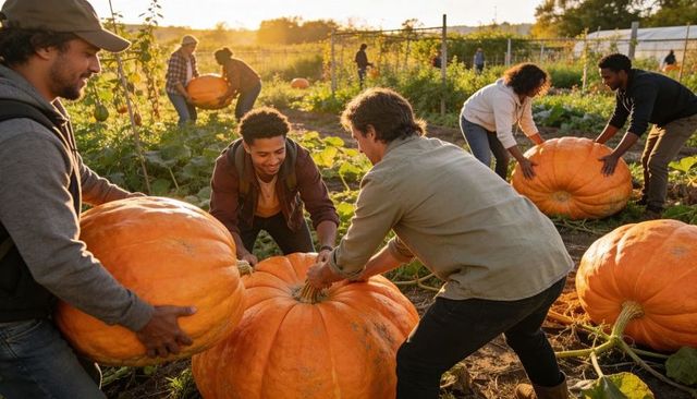 Community harvesting giant pumpkins at sunset lifting together on organic farm