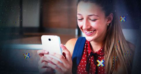 Cheerful Teenage Girl Using Smartphone with Digital Overlays
