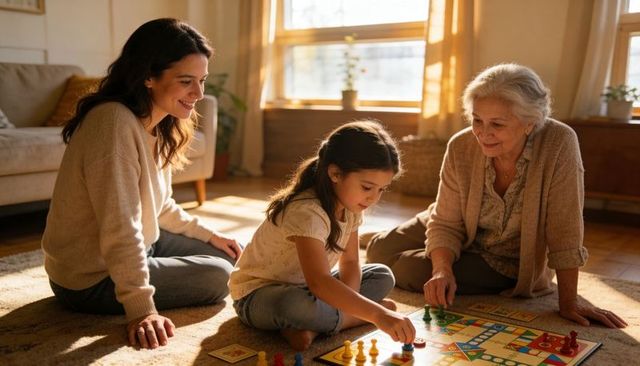 Multigenerational family playing board game on sunlit living room rug, cozy happy bonding