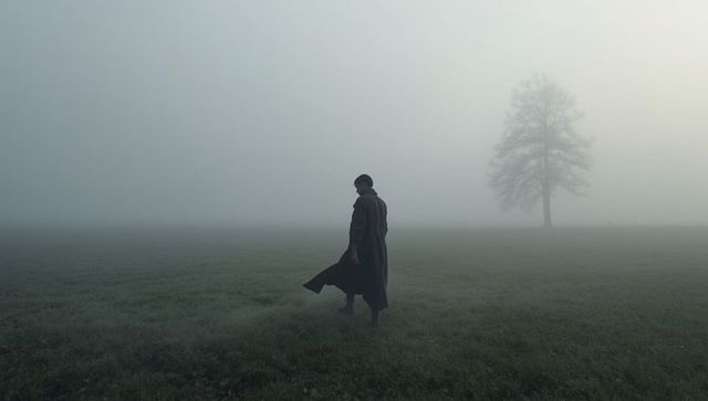 Solitary figure walking through foggy landscape with lone tree