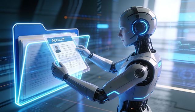 Humanoid robot managing holographic account interface in futuristic control room dashboard