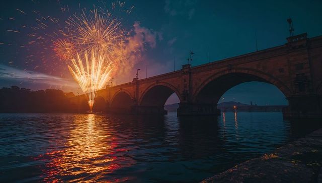 Dazzling fireworks by historic stone bridge over tranquil river