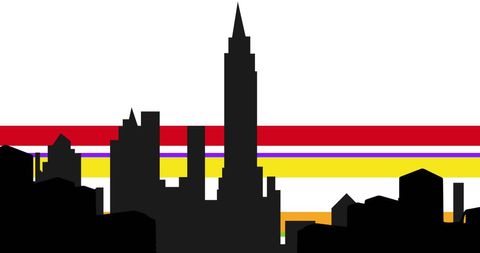 City silhouette with rainbow stripes for lgbtq pride and equality