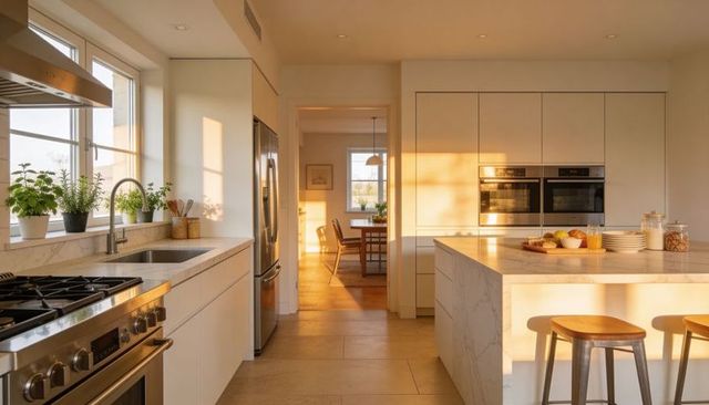 Sunlight bathing quartz island with marble countertop, stools, potted herbs, fruit, warm glow