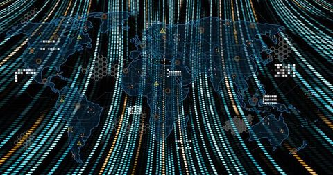 Translucent Global Map Displaying Flowing Data Streams and Hexagon Network Interface