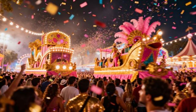 Gliding pink gold carnival floats illuminating night fair with feather headdresses, confetti