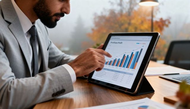 Businessman pointing at tablet analyzing financial charts and profit growth during meeting