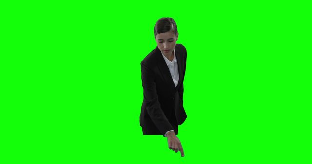 Businesswoman Touching Screen Against Green Background - Download Free Stock Images Pikwizard.com