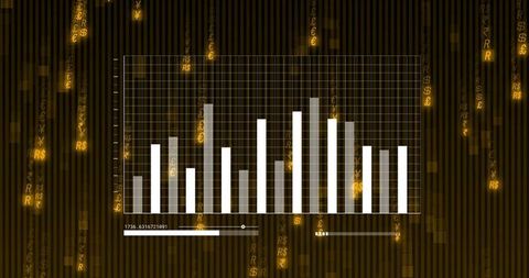 Displaying digital finance dashboard with glowing currency symbols and vertical bar chart