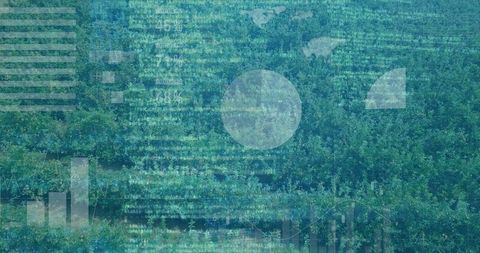 Nature and technology fusion with data overlaid aerial forest view