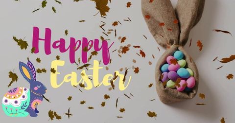 Happy easter pastel eggs in linen bunny pouch with falling leaves flat lay design