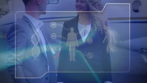 Business Professionals Networking with Futuristic Holographic Interface