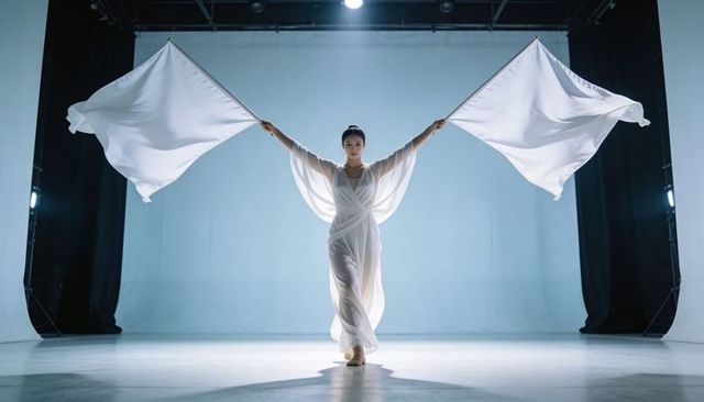 Solo dancer holding two white flags on stage in flowing gown creating ethereal symmetry