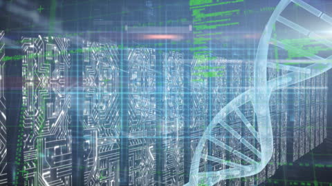 Digital DNA Code on Futuristic Server Background