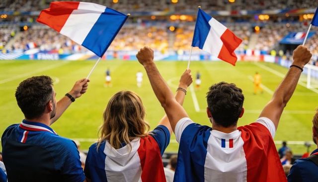 French fans cheering and waving tricolor flags in stadium during exciting football match
