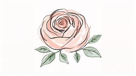 Elegant botanical pastel pink rose drawing with leaves digital art